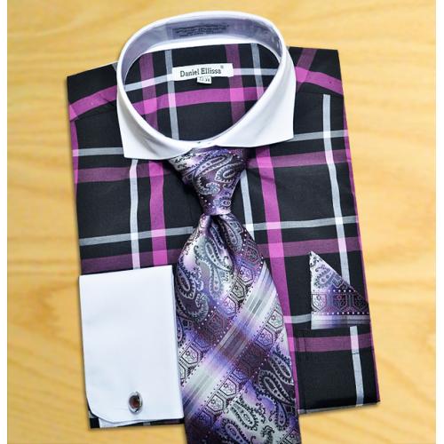 Daniel Ellissa Black / Purple Windowpanes Shirt / Tie / Hanky Set With Free Cufflinks DS3771P2.